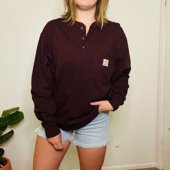 Carhartt Tops - Carhartt | Maroon Original Fit Button Collar Long Sleeve Shirt